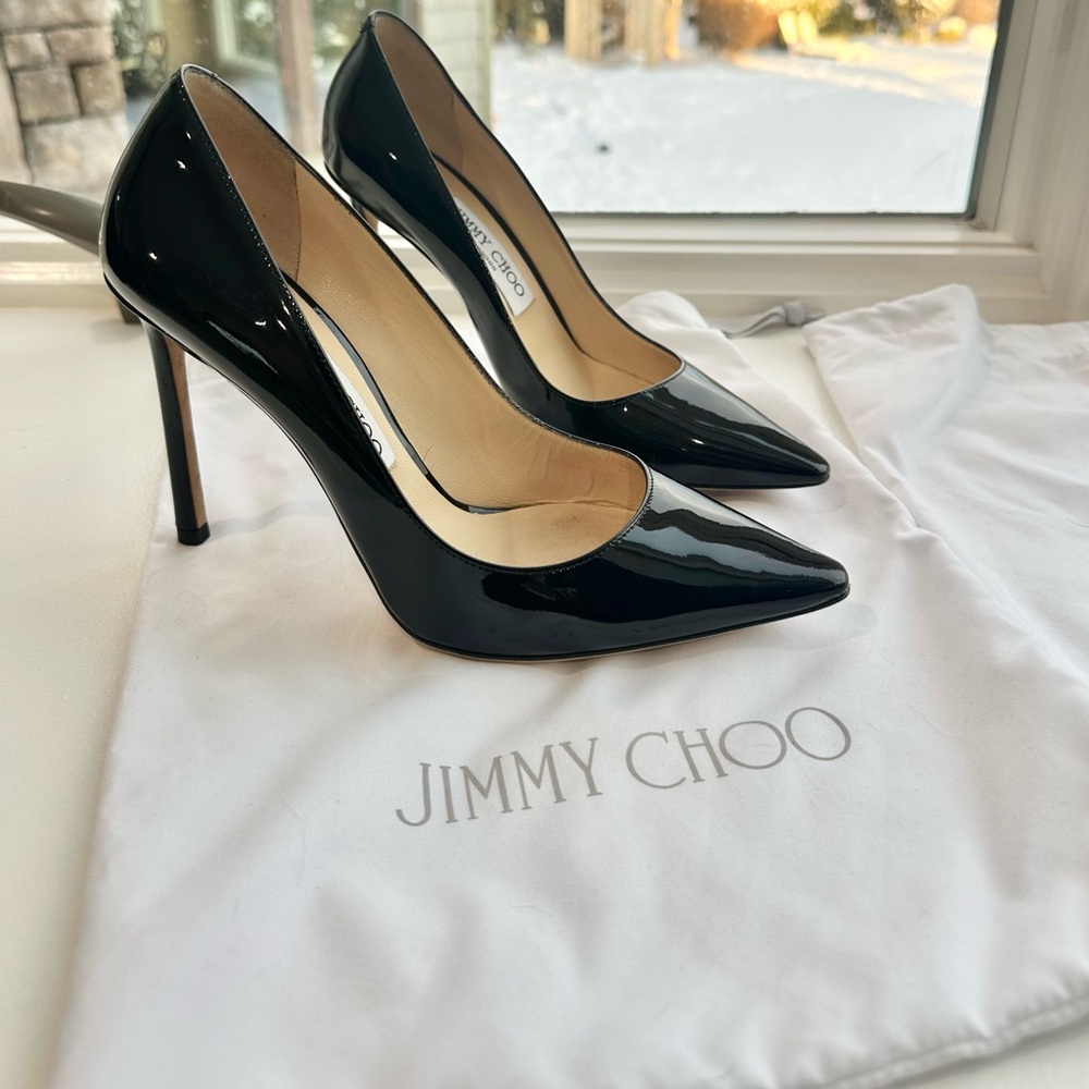 Jimmy Choo black, patent leather, stiletto heel pumps, 4 inch heels - Picture 9 of 16
